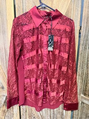 Buckle Red Lace Satin Button-Front Blouse